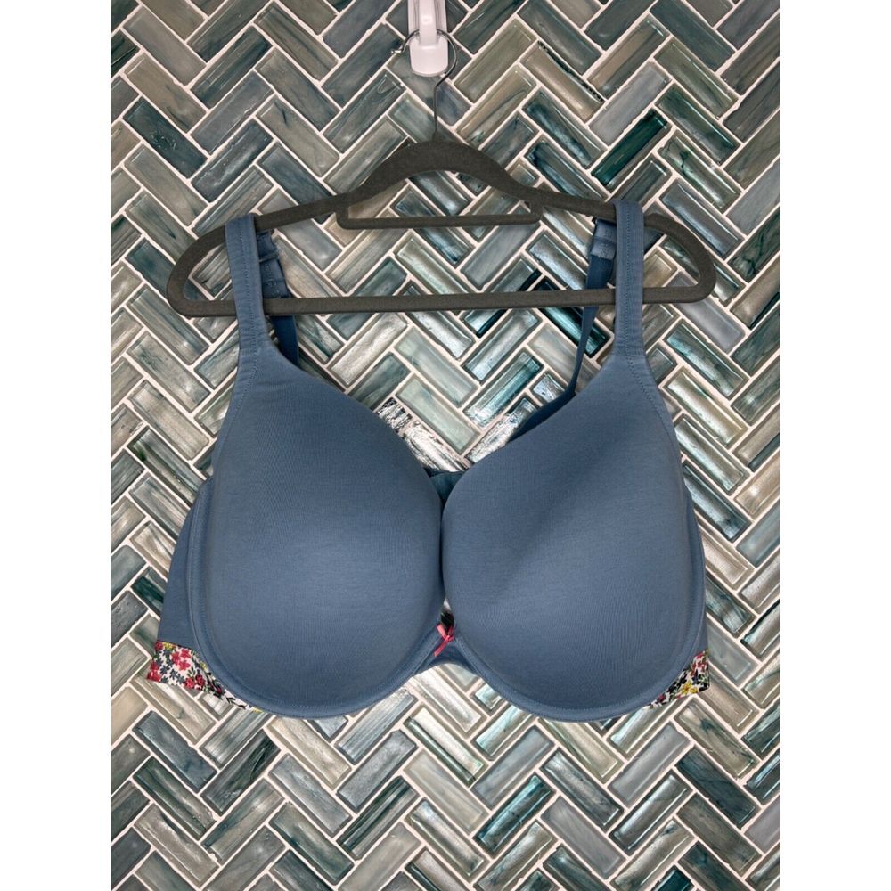 CACIQUE BOOST PLUNGE BLUE COTTON FLORAL ELASTIC BAND PADDED PUSH UP BRA 50D